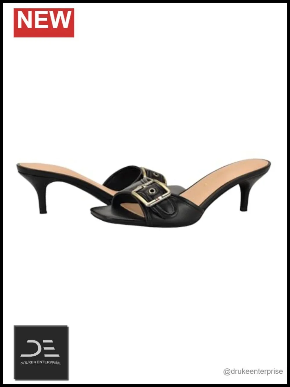 Faux Leather Kitten Heel Sandals with Buckle Strap, Slip-On Square Toe